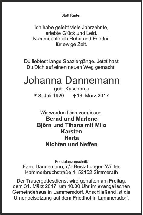 Traueranzeige von Johanna Dannemann