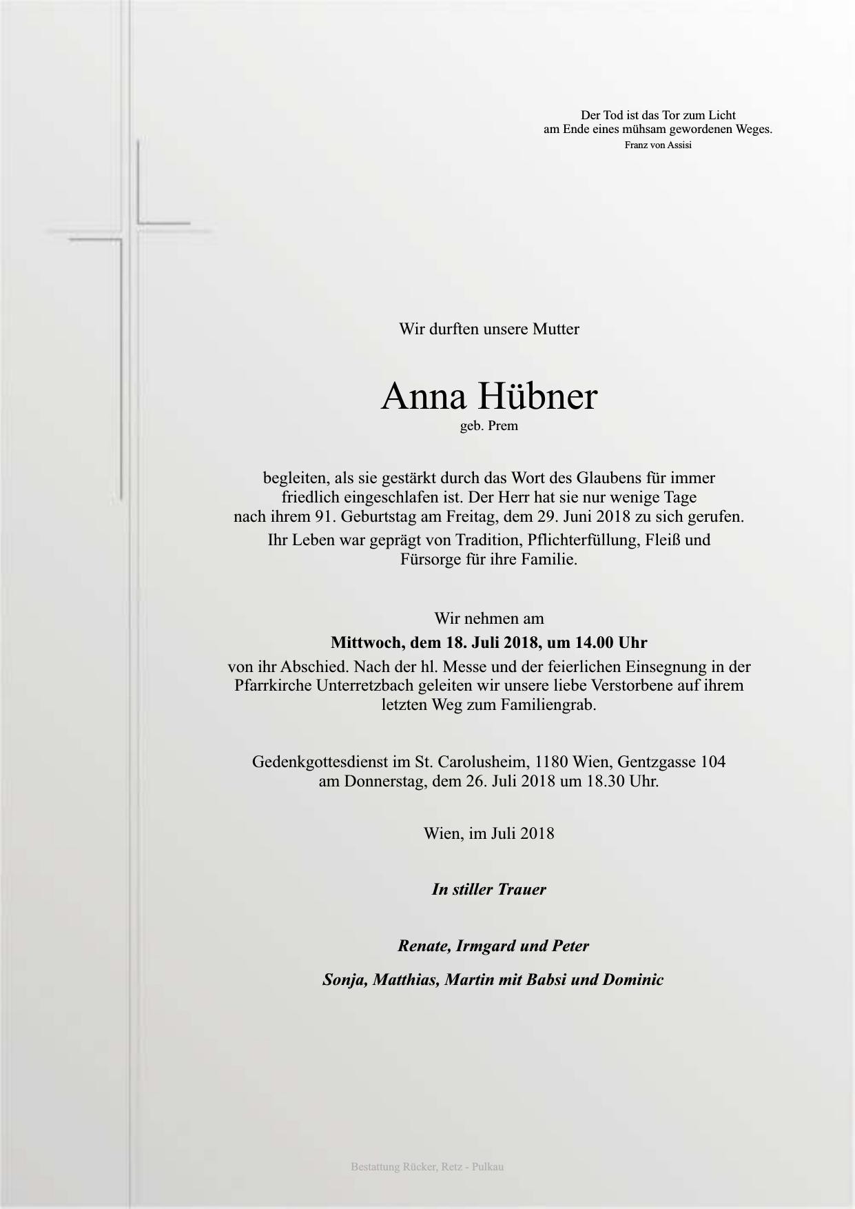 Traueranzeige von Anna Hübner