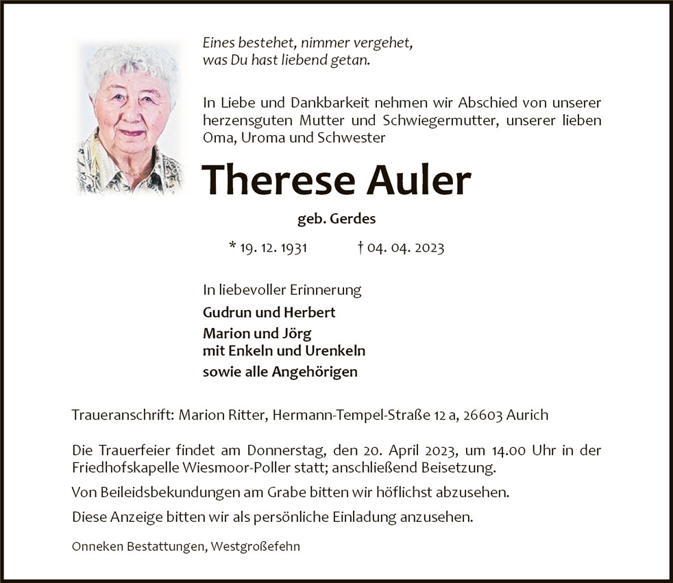Traueranzeige von Therese Auler