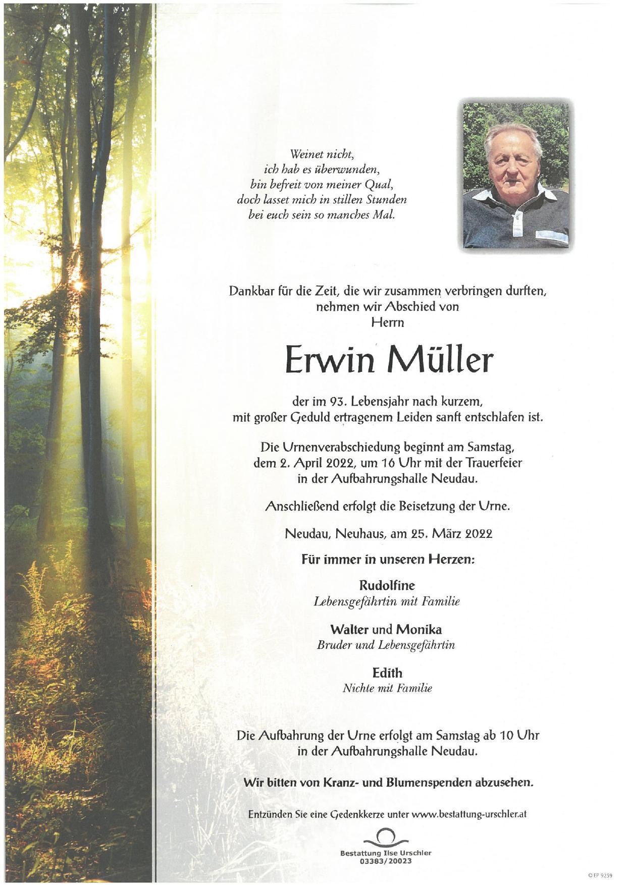 Traueranzeige von Erwin Müller