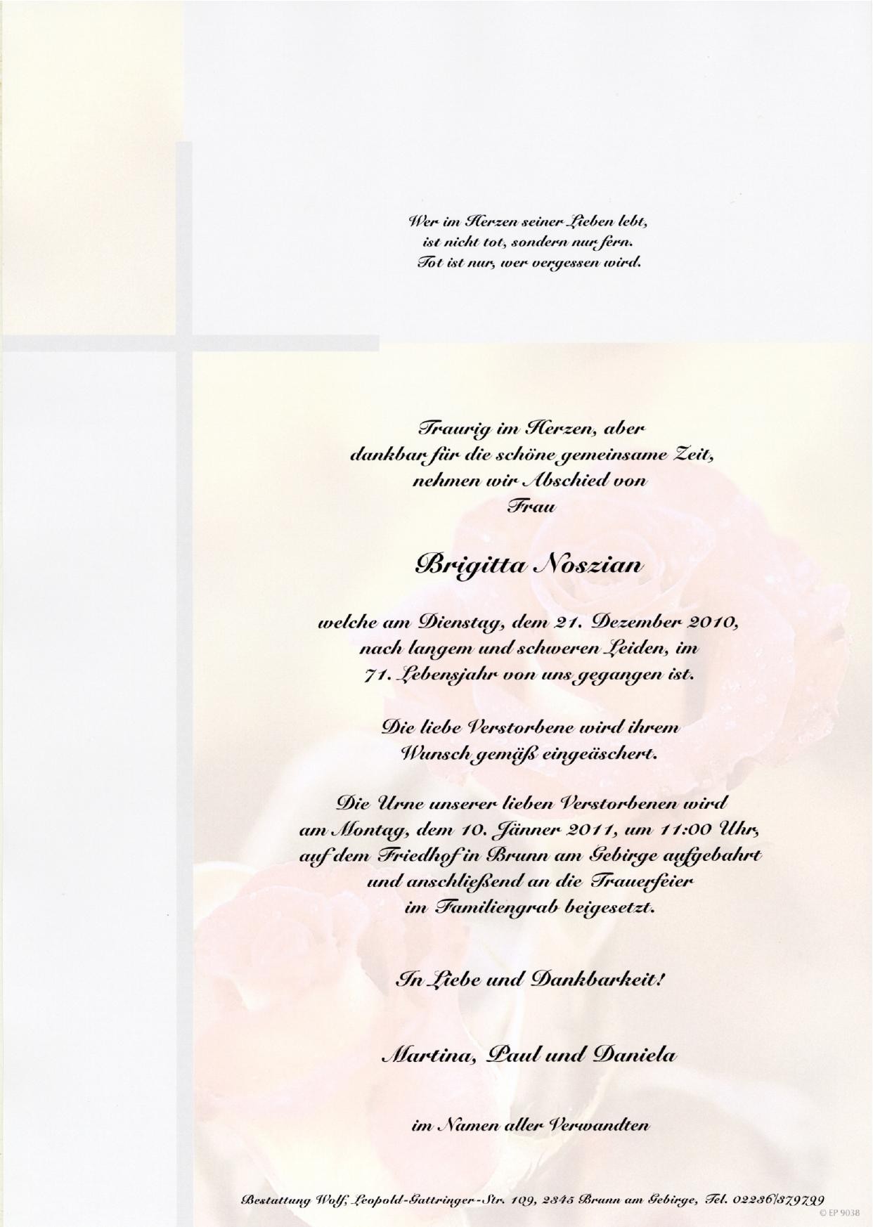 Traueranzeige von Brigitta Noszian
