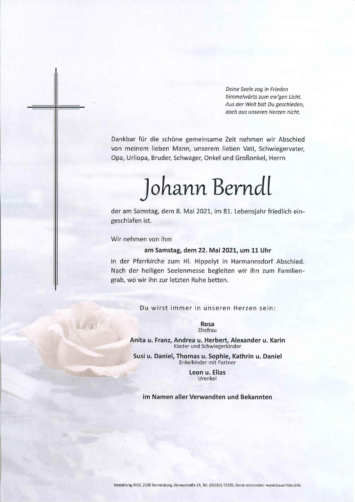 Traueranzeige von Johann Berndl