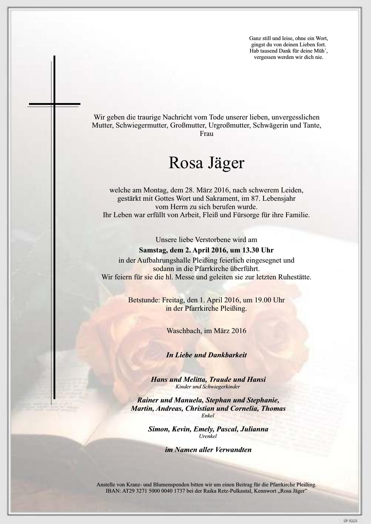 Traueranzeige von Rosa Jäger