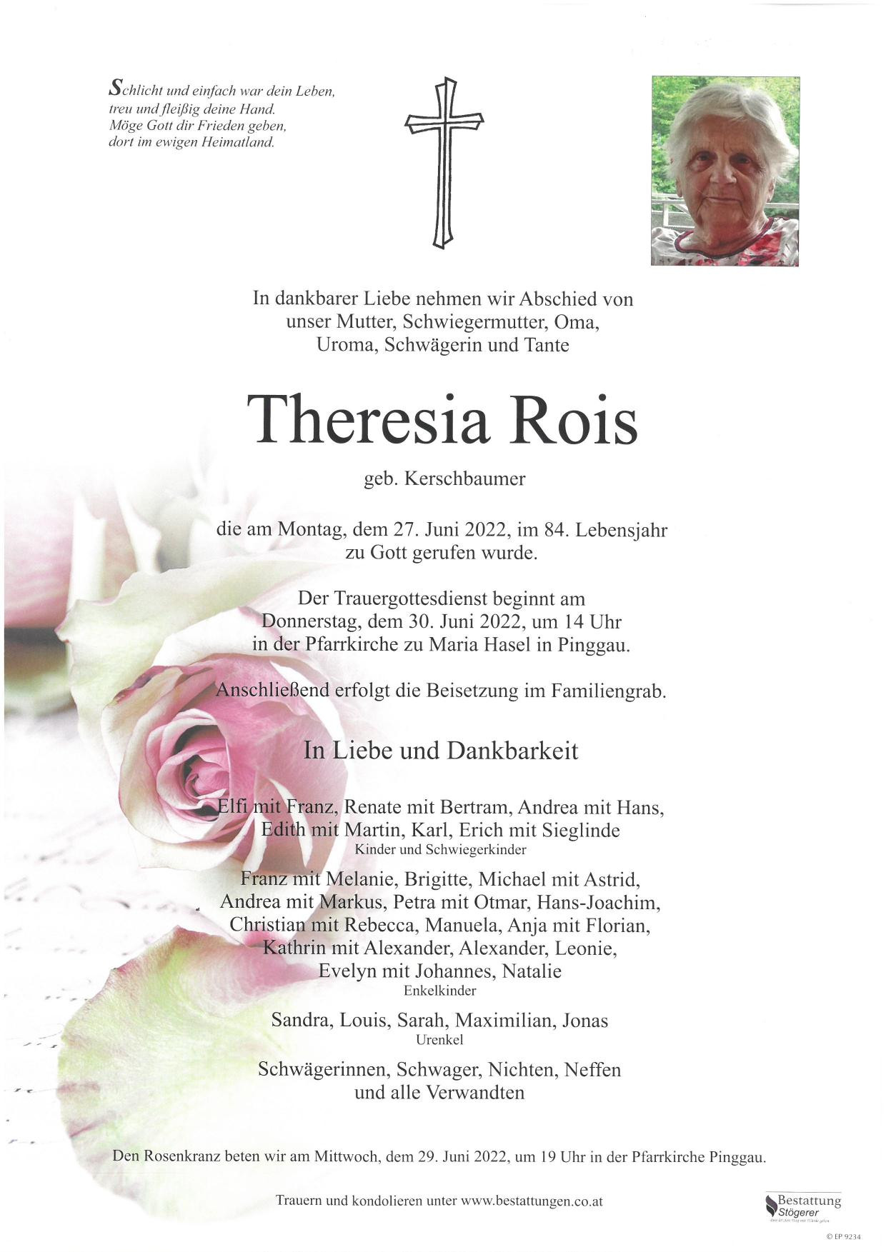 Traueranzeige von Theresia Rois