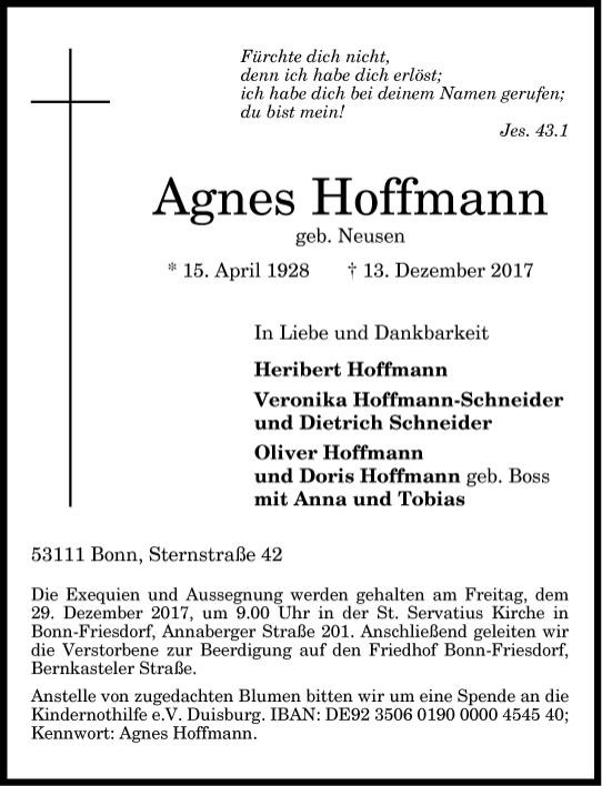 Traueranzeige von Agnes Hoffmann