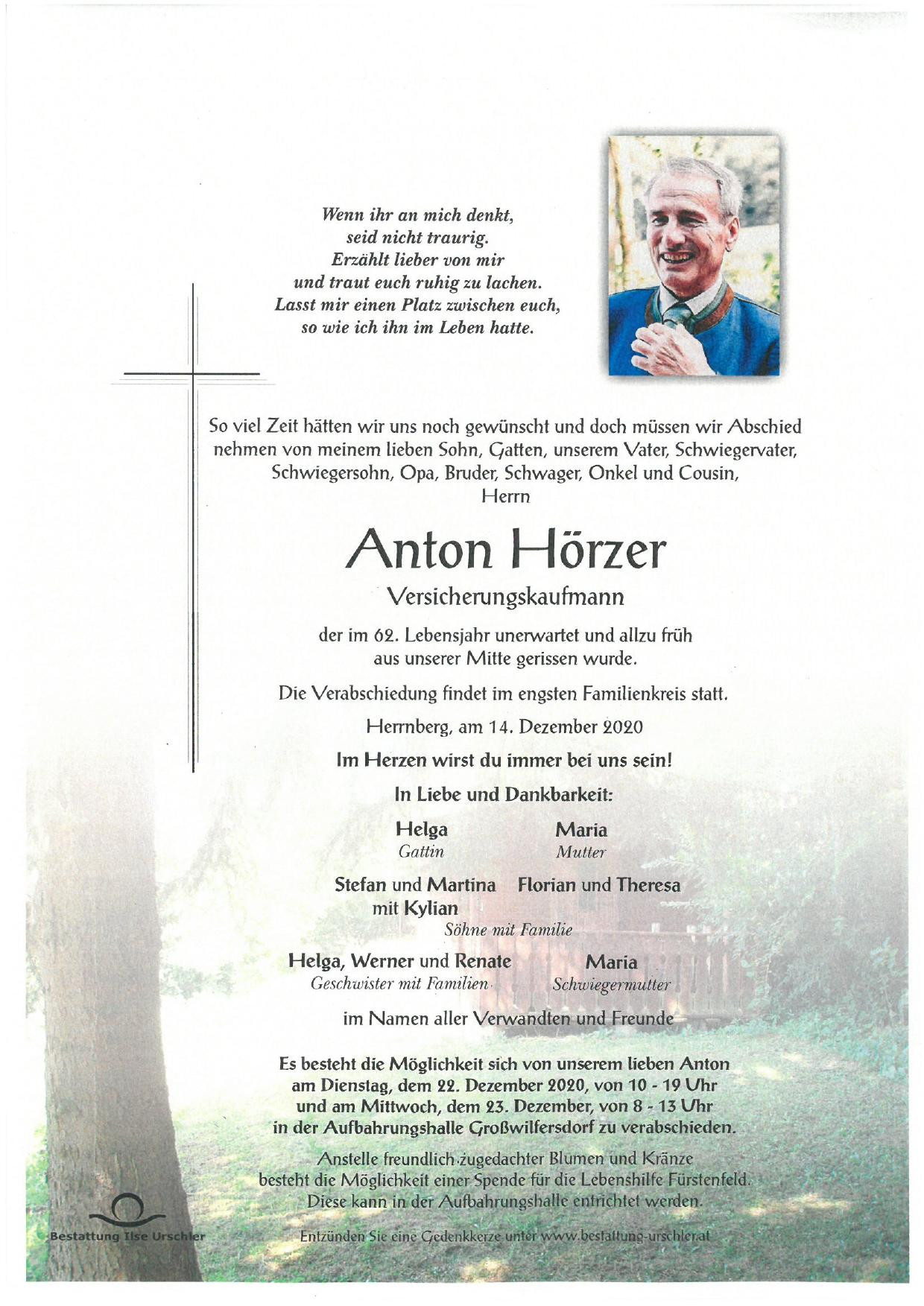 Traueranzeige von Anton Hörzer