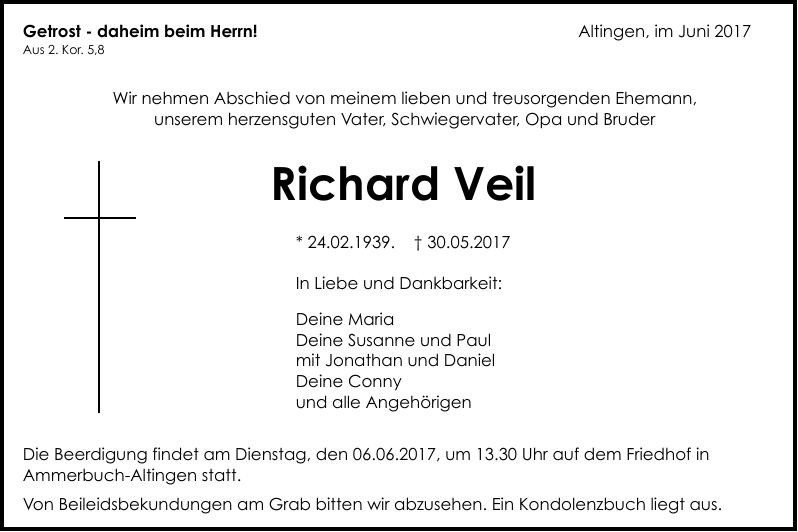 Traueranzeige von Richard Veil