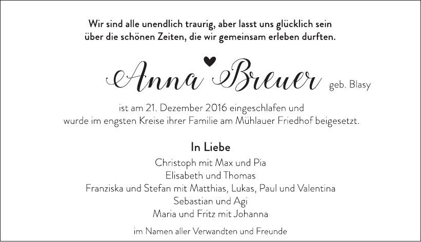 Traueranzeige von Anna Breuer