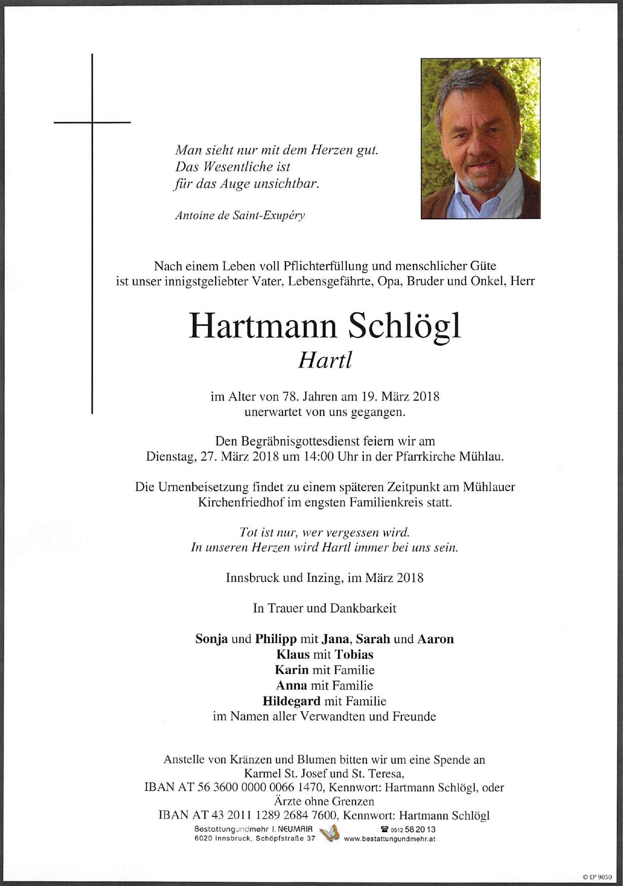 Traueranzeige von Hartmann Schlögl