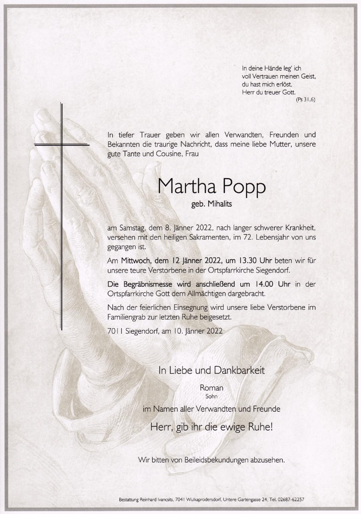 Traueranzeige von Martha Popp