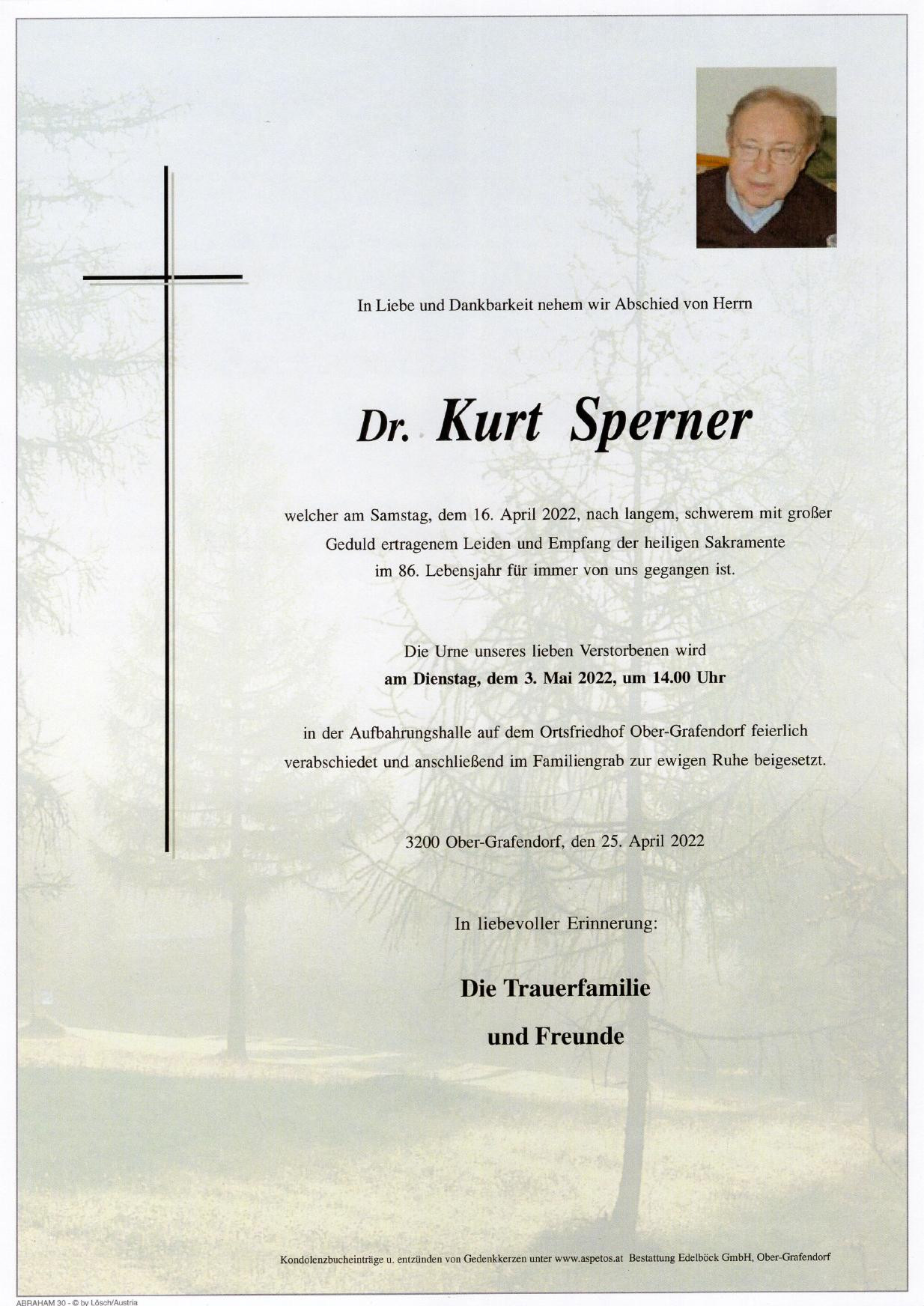 Traueranzeige von Dr. Kurt Sperner