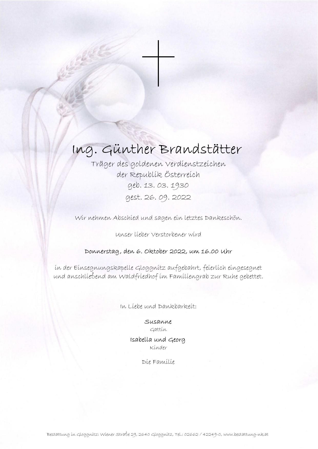 Traueranzeige von Ing. Günther Brandstätter