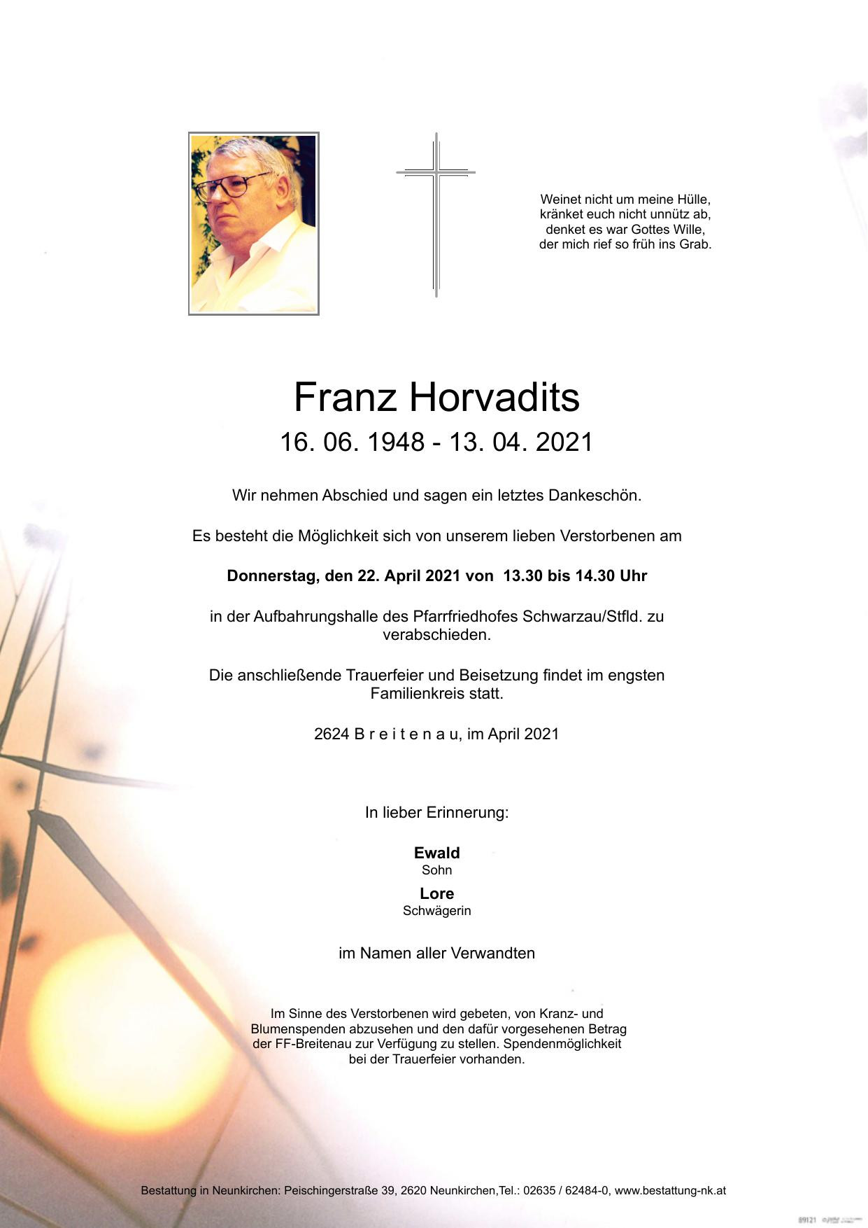 Traueranzeige von Franz Horvadits