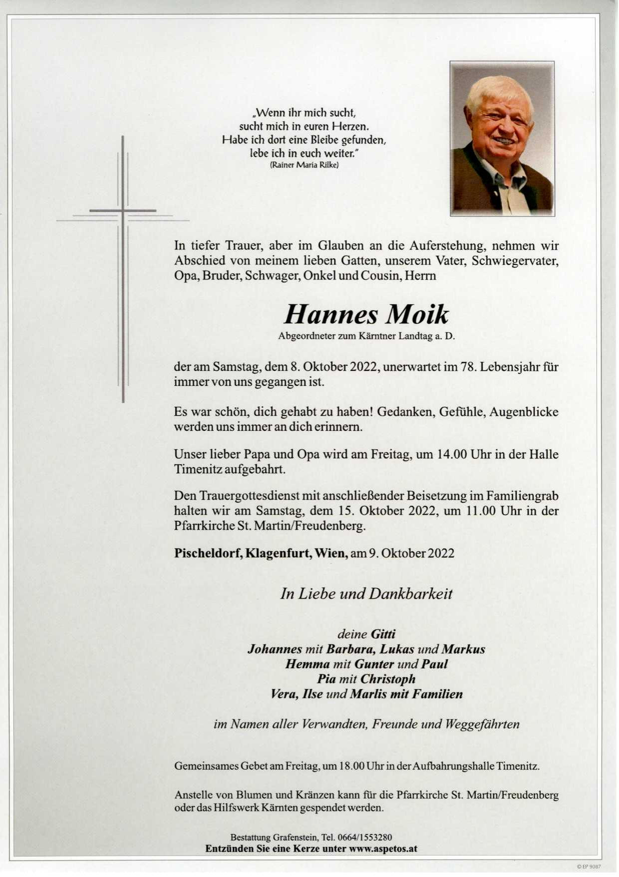 Traueranzeige von Hannes Moik