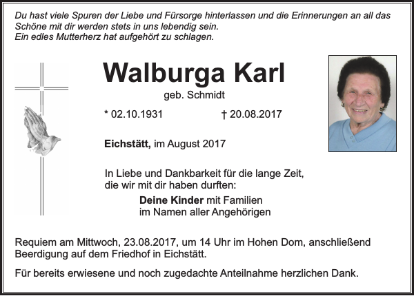 Traueranzeige von Walburga Karl