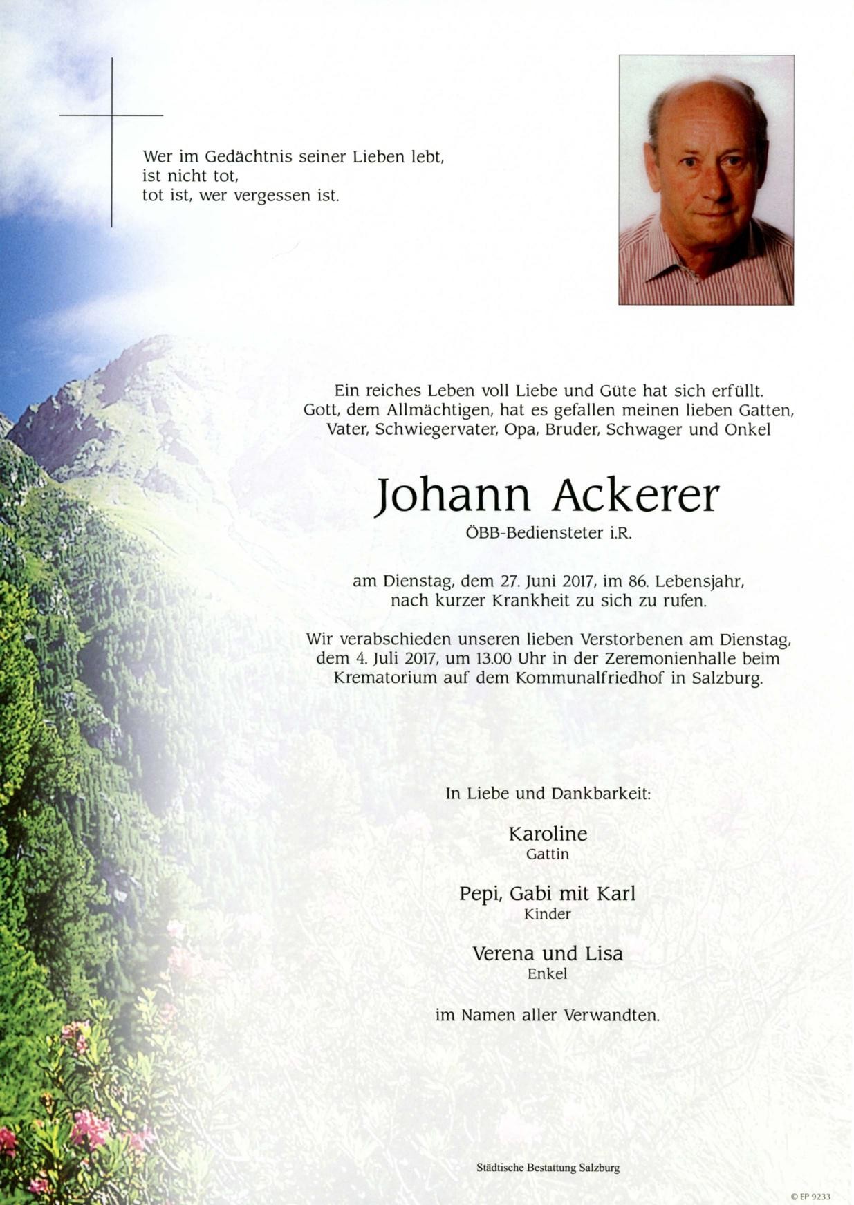 Traueranzeige von Johann Ackerer