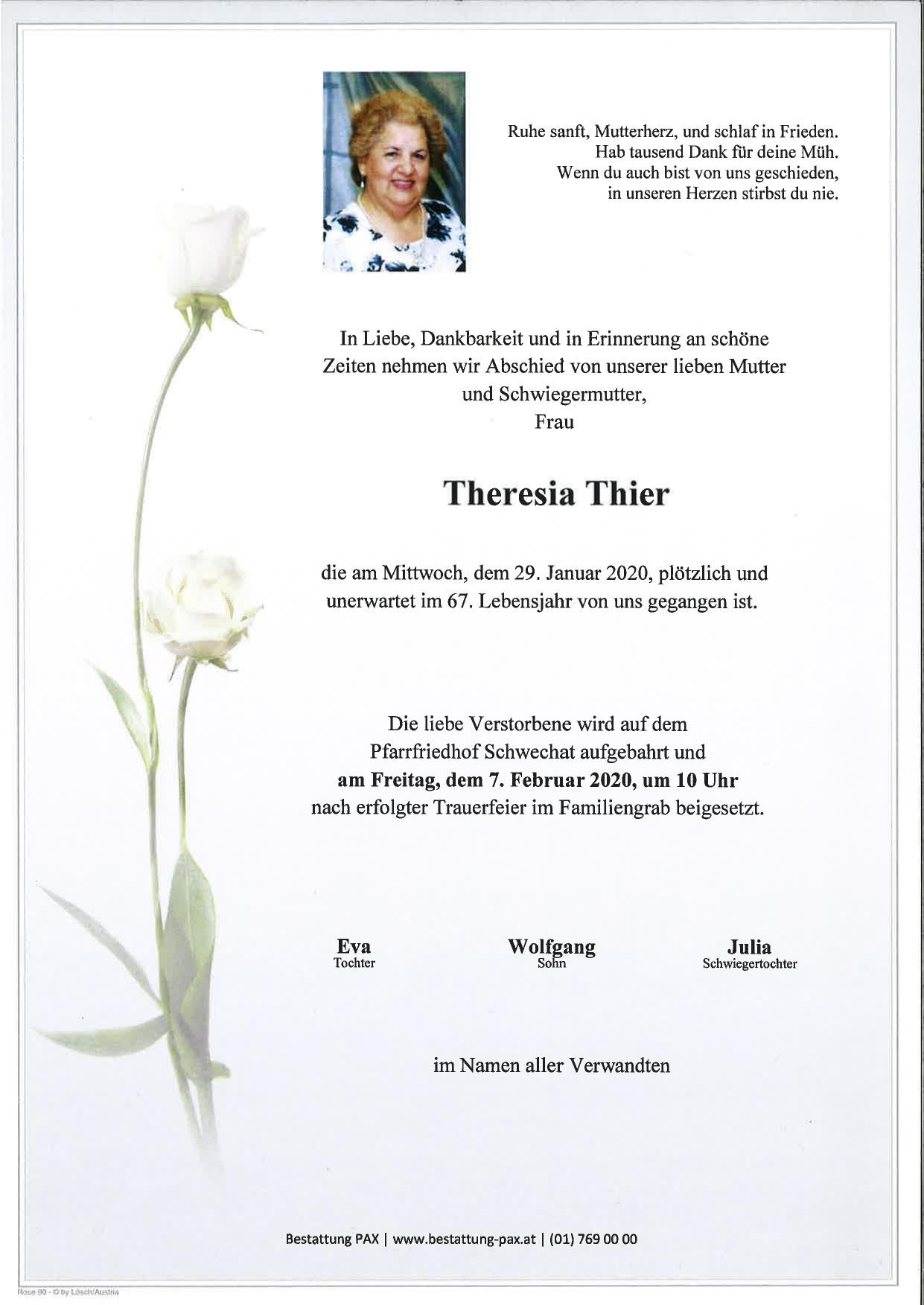 Traueranzeige von Theresia Thier