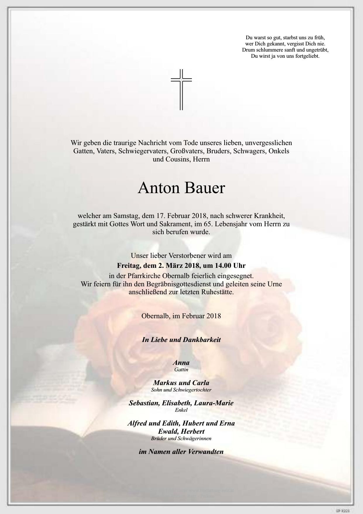 Traueranzeige von Anton Bauer