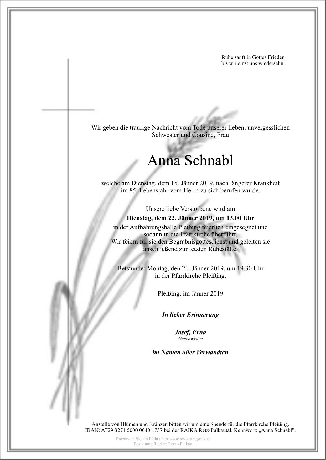 Traueranzeige von Anna Schnabl