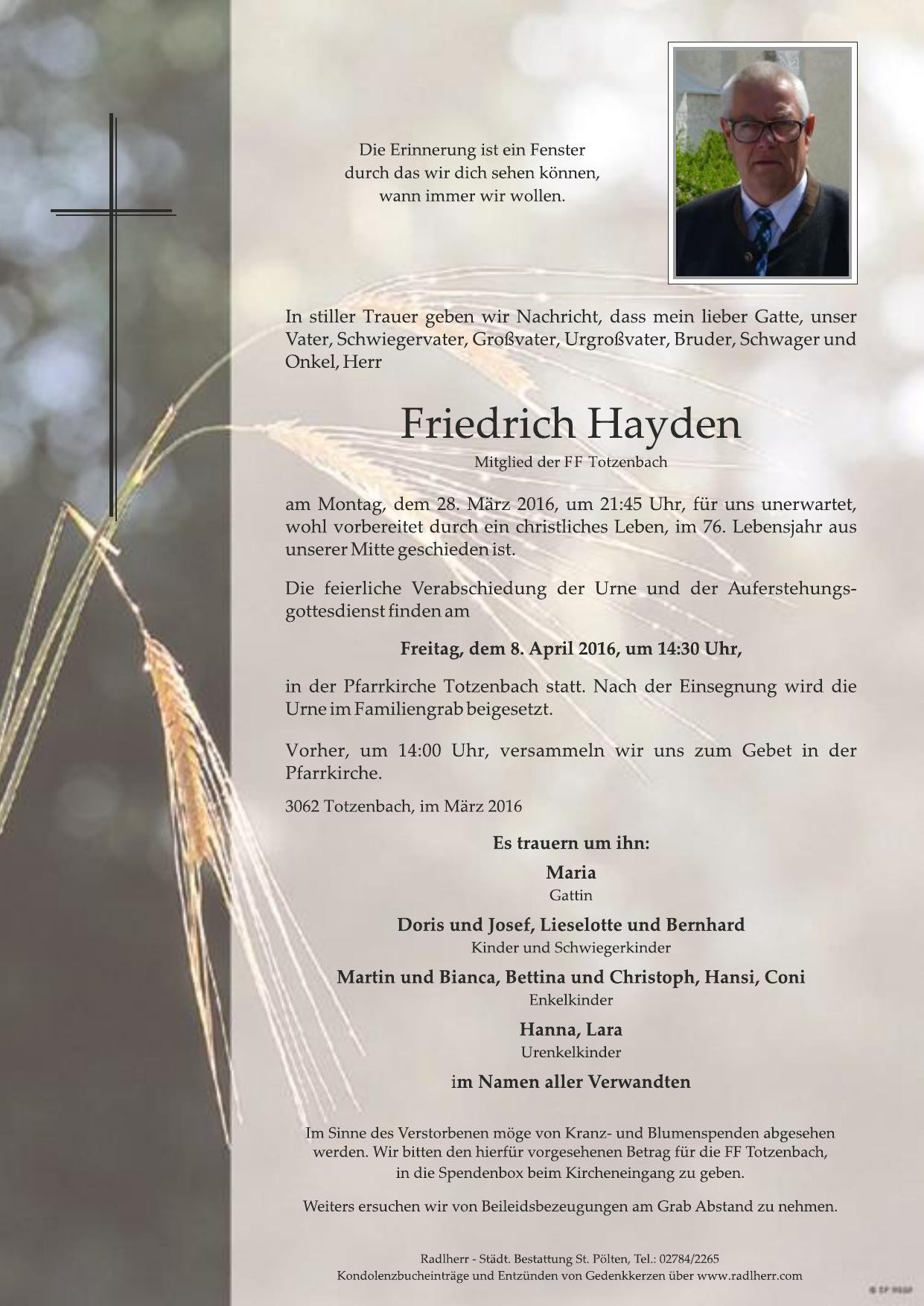 Traueranzeige von Friedrich Hayden