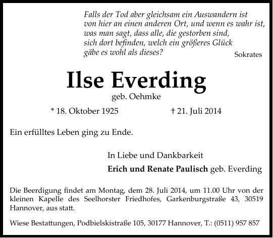 Traueranzeige von Ilse Everding