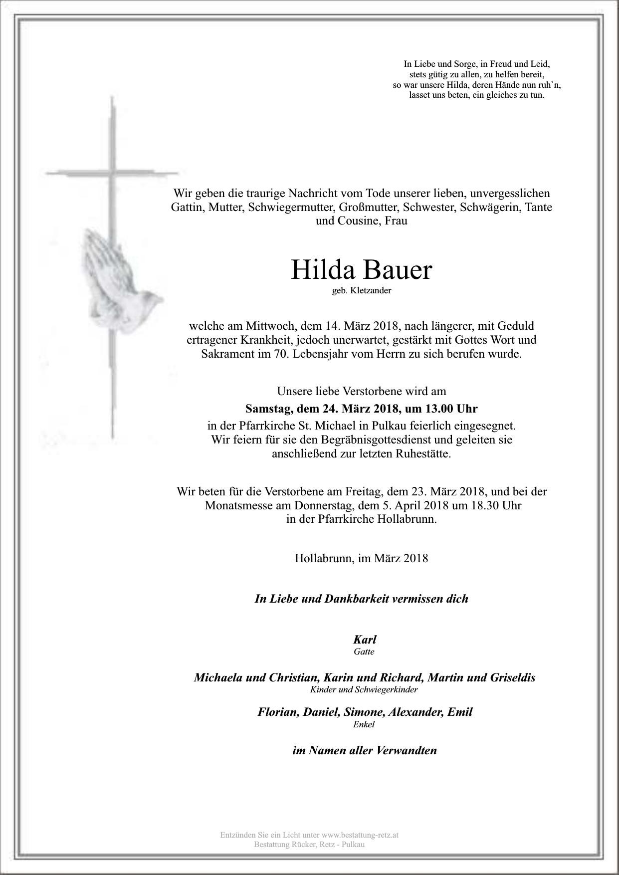 Traueranzeige von Hilda Bauer