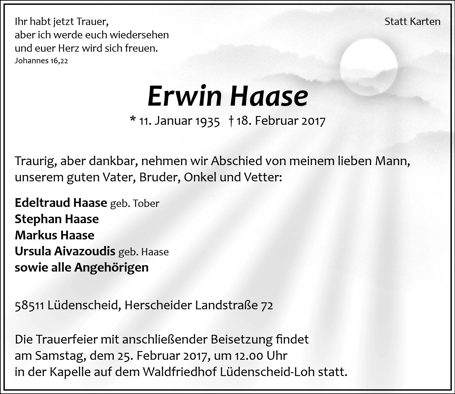 Traueranzeige von Erwin Haase