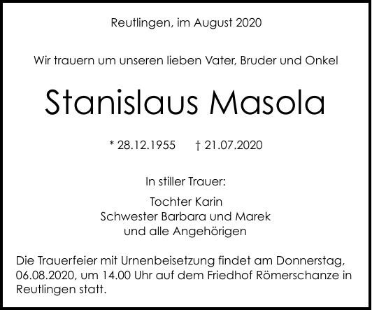 Traueranzeige von Stanislaus Masola