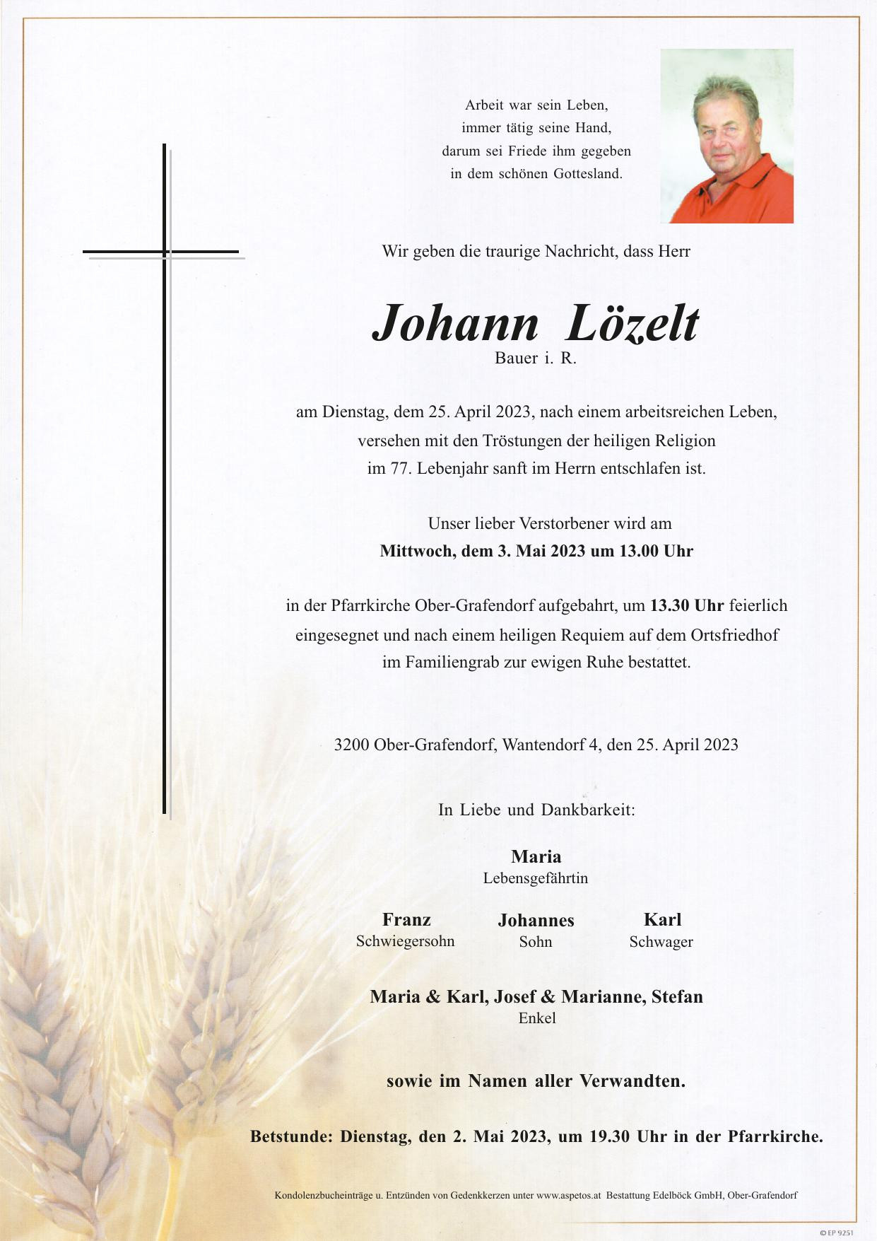 Traueranzeige von Johann Lözelt