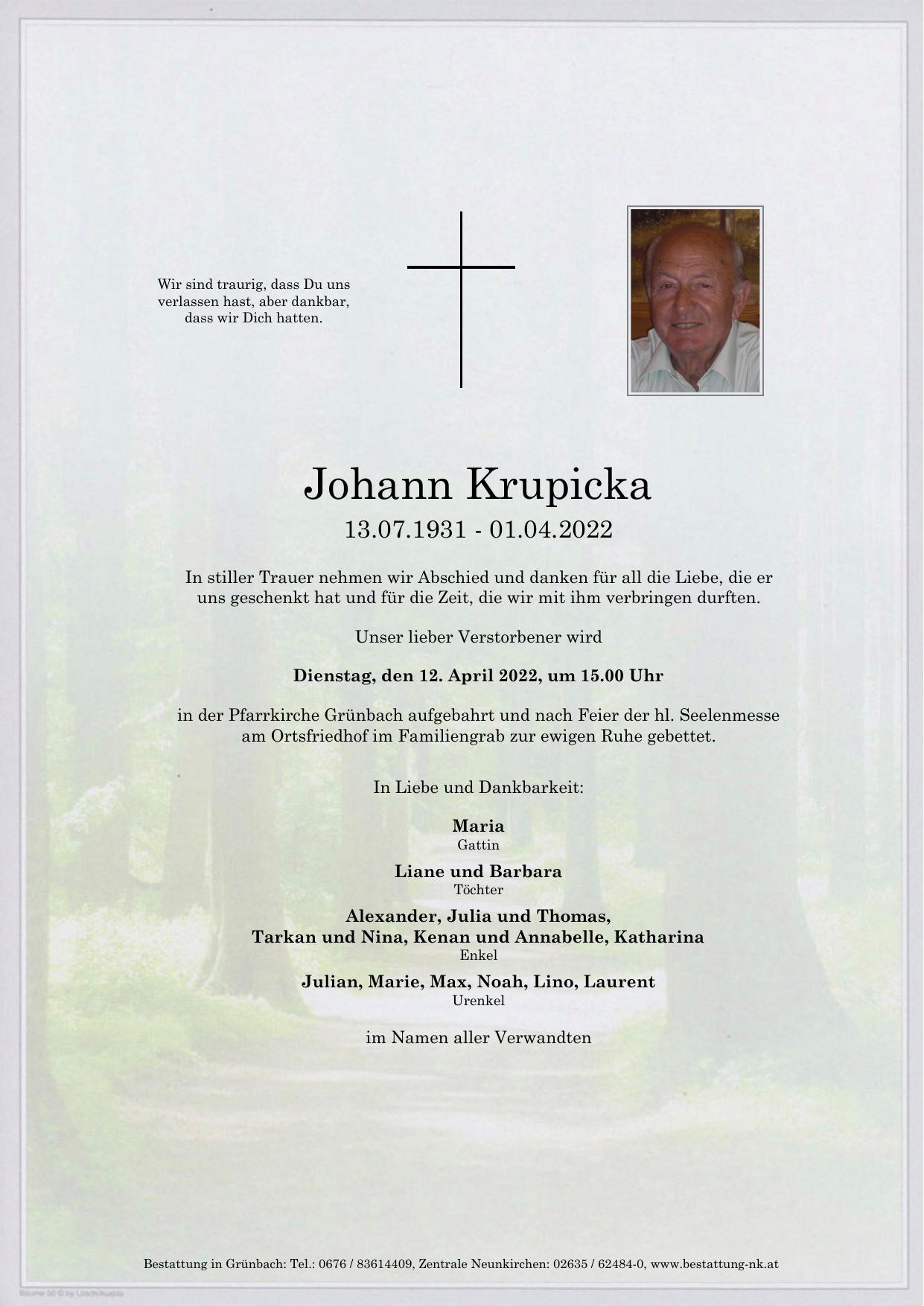 Traueranzeige von Johann Krupicka