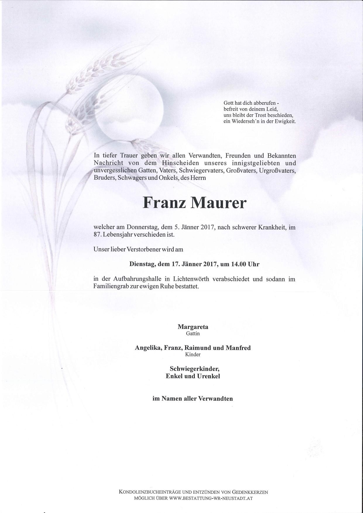 Traueranzeige von Franz Maurer