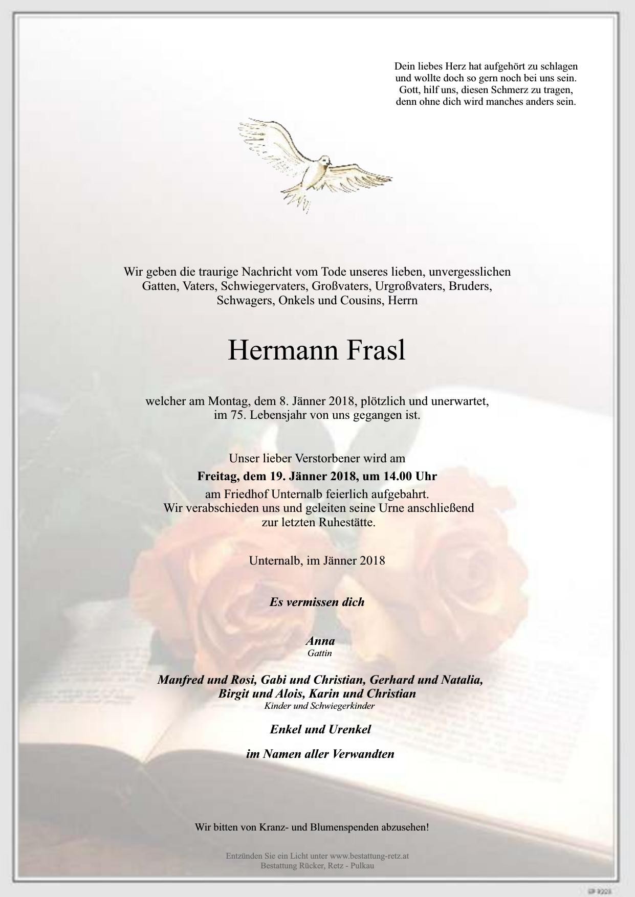 Traueranzeige von Hermann Frasl