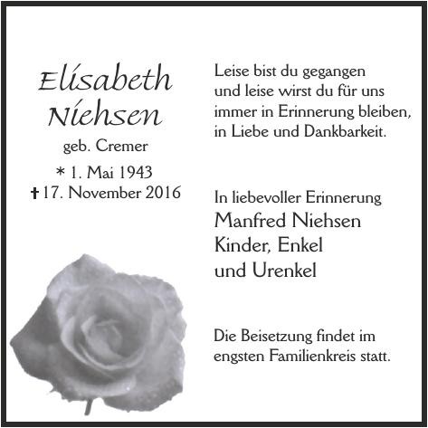 Traueranzeige von Elisabeth Niehsen