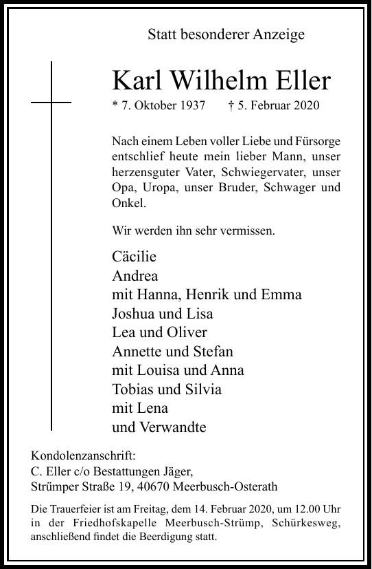 Traueranzeige von Karl Wilhelm Eller