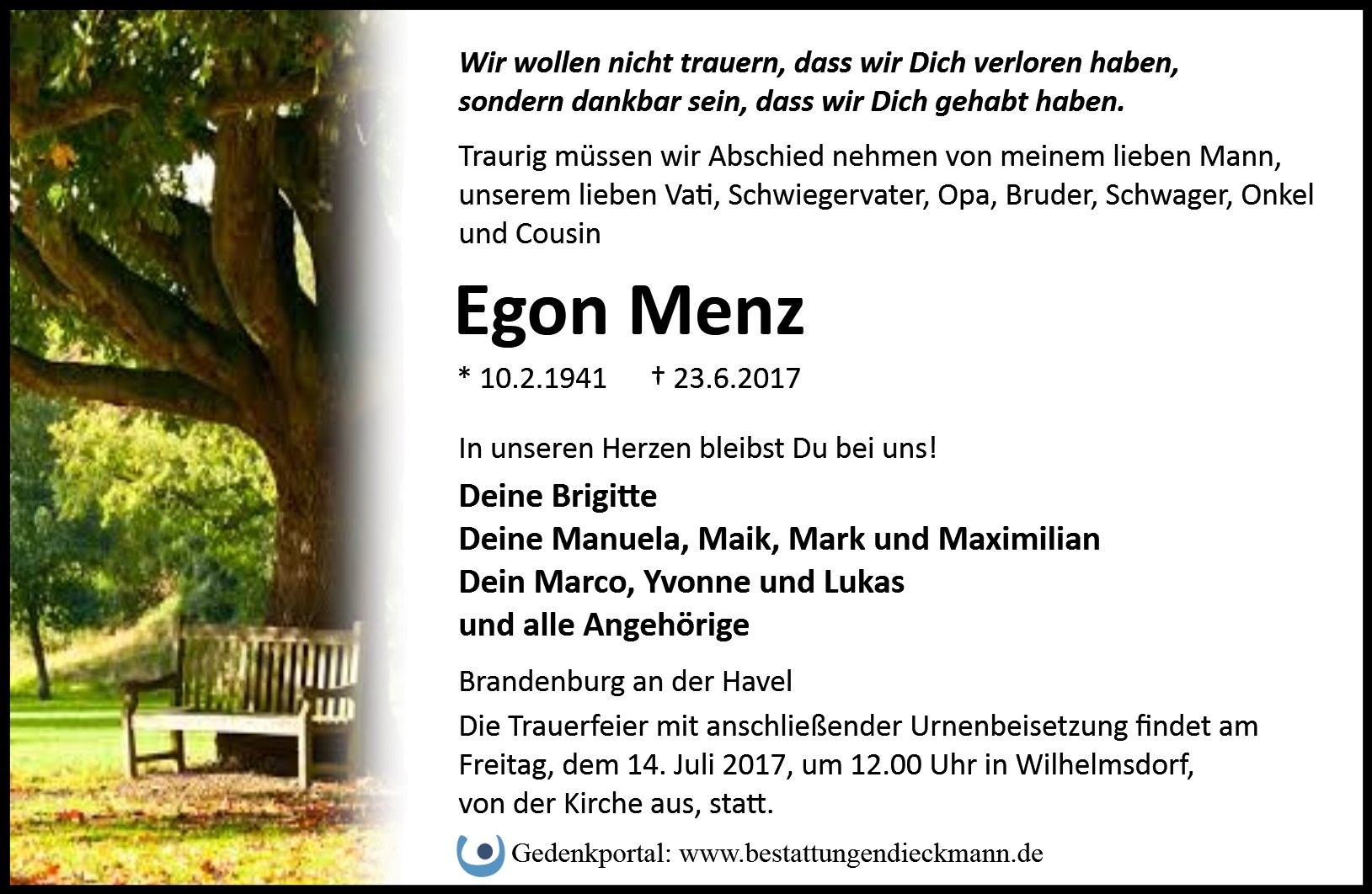 Traueranzeige von Egon Menz