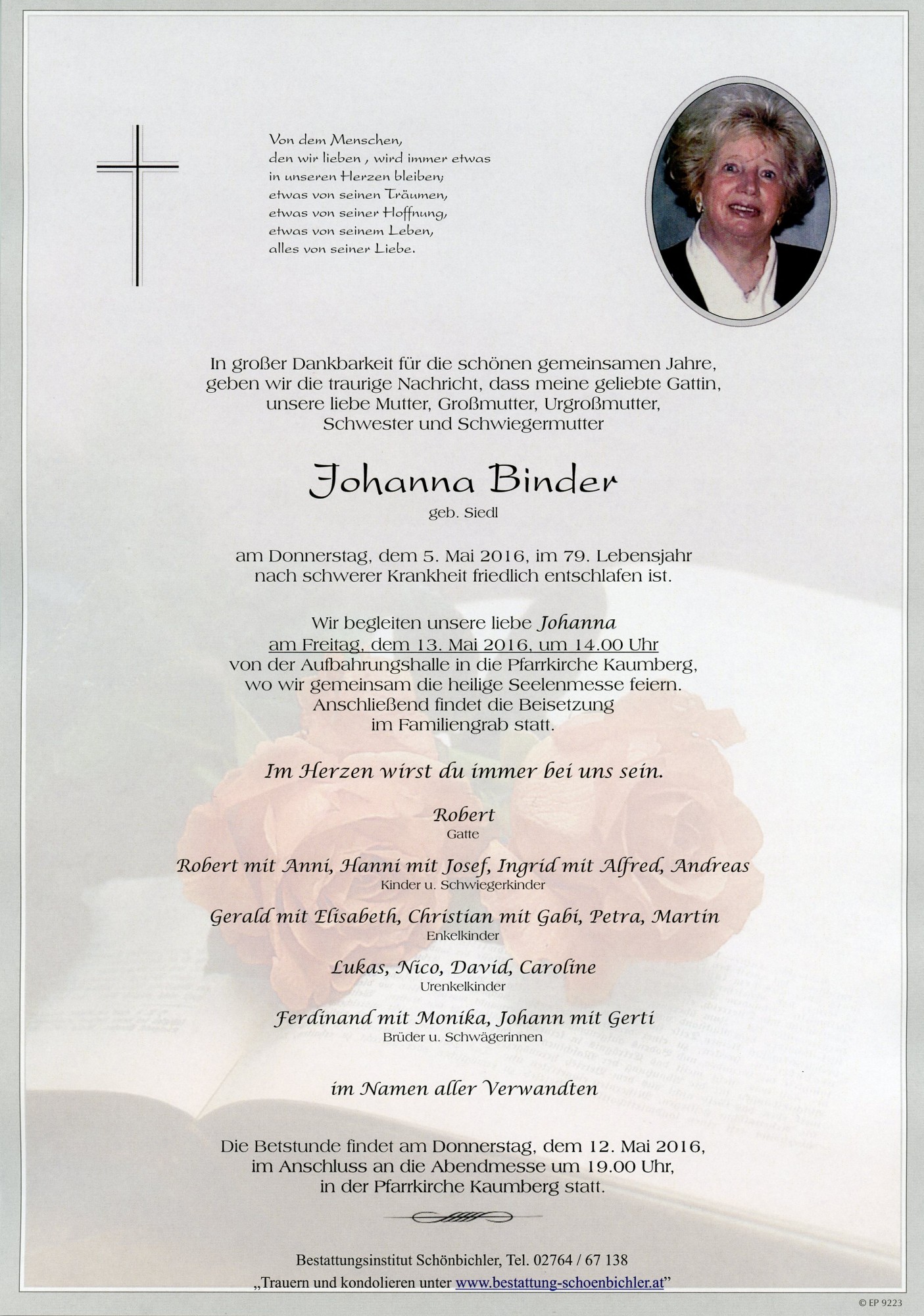 Traueranzeige von Johanna Binder