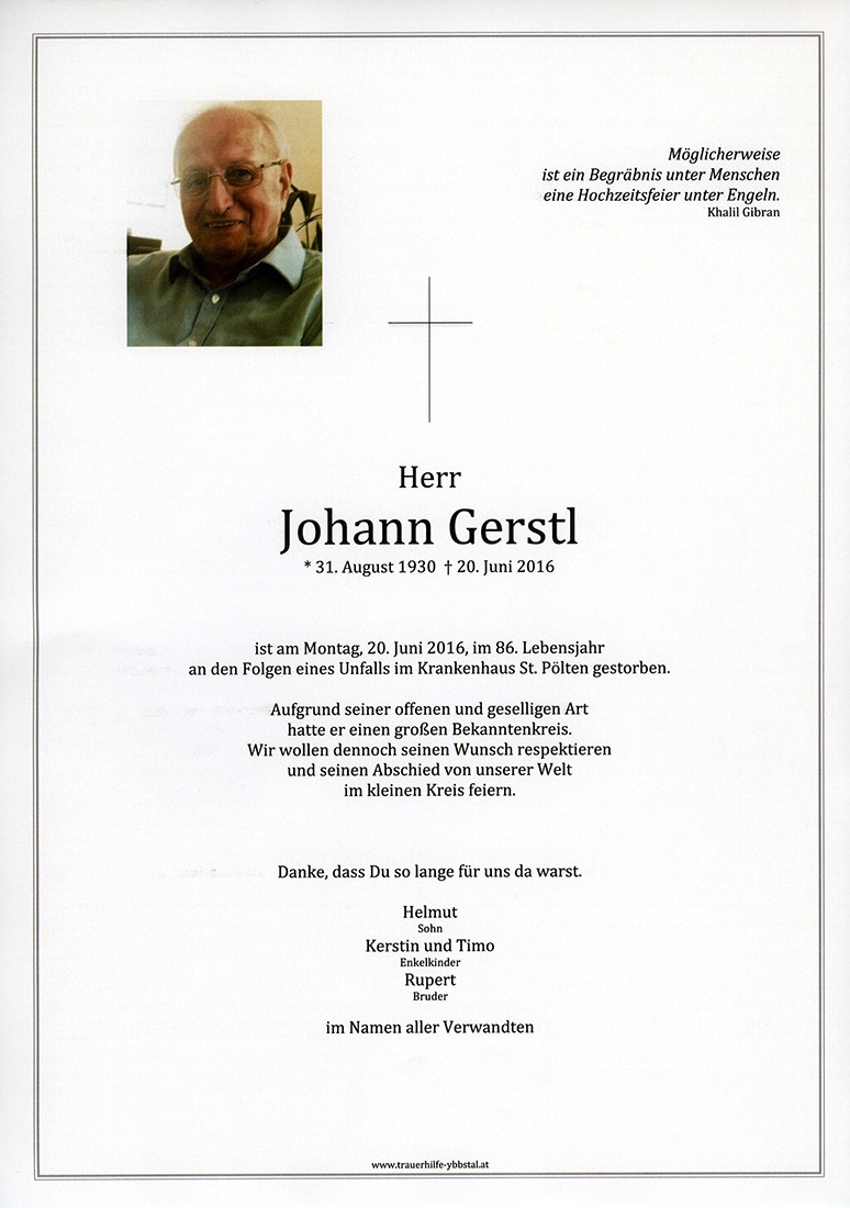 Traueranzeige von Johann Gerstl