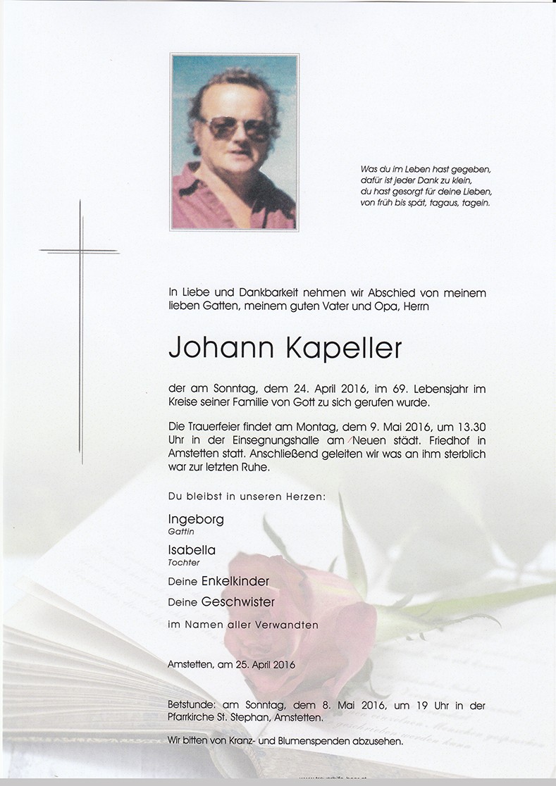 Traueranzeige von Johann Kapeller