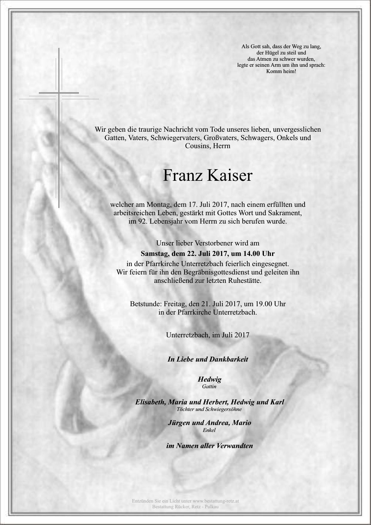 Traueranzeige von Franz Kaiser