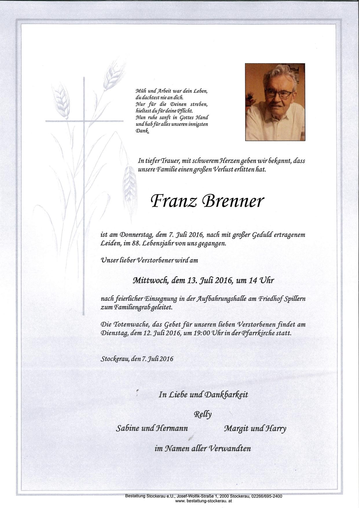 Traueranzeige von Franz Brenner