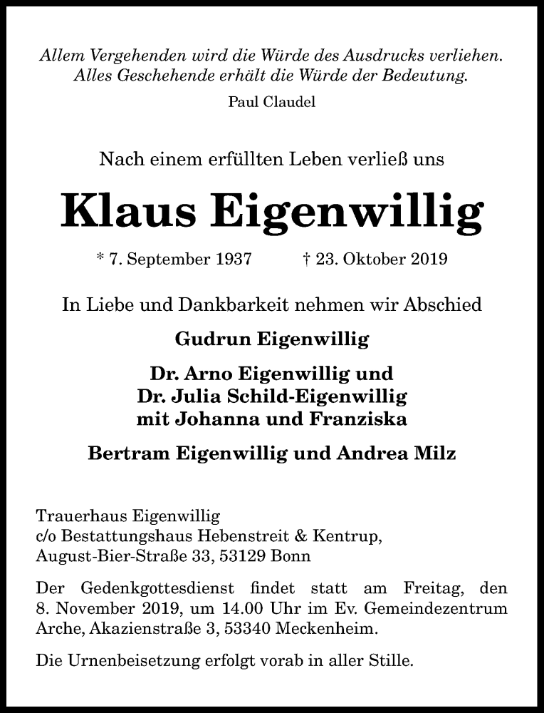 Traueranzeige von Klaus Eigenwillig