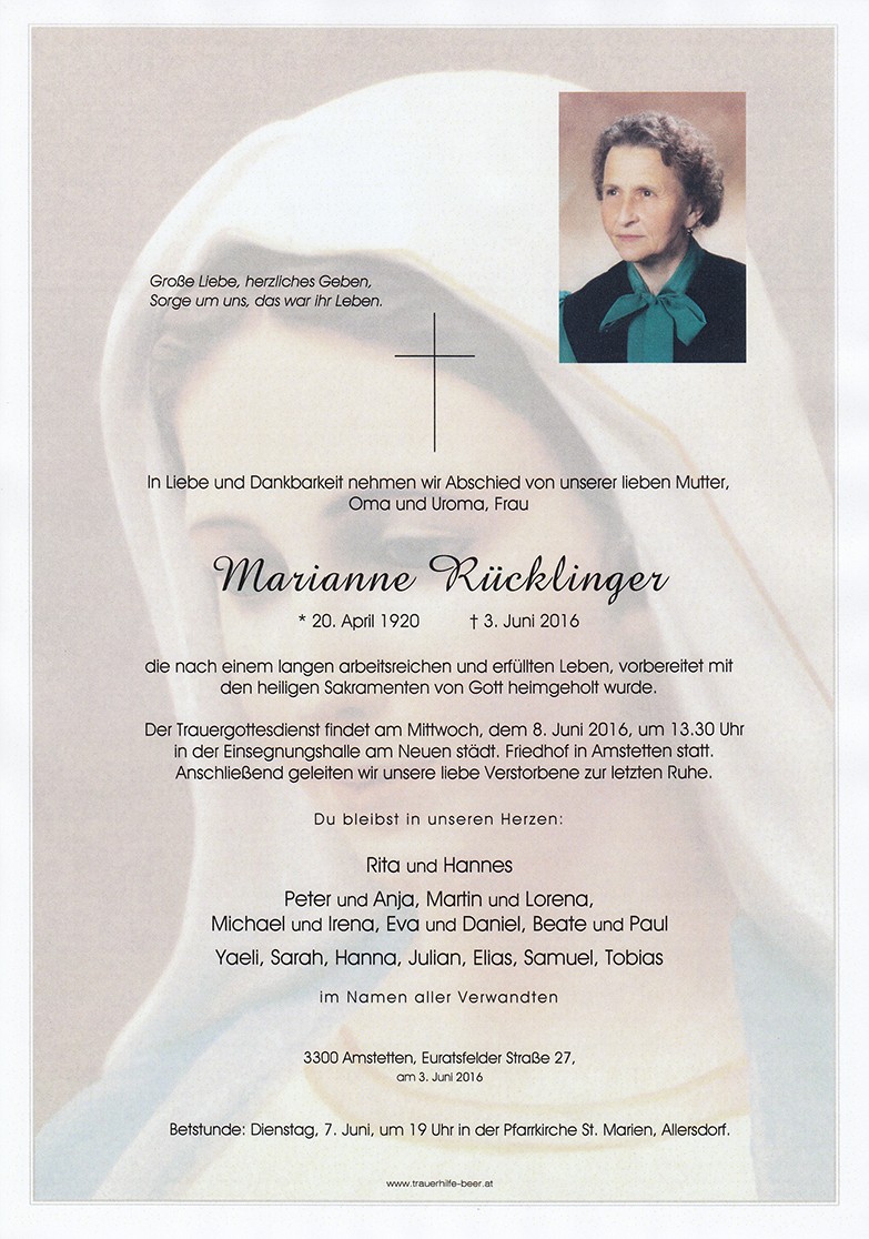 Traueranzeige von Marianne Rücklinger