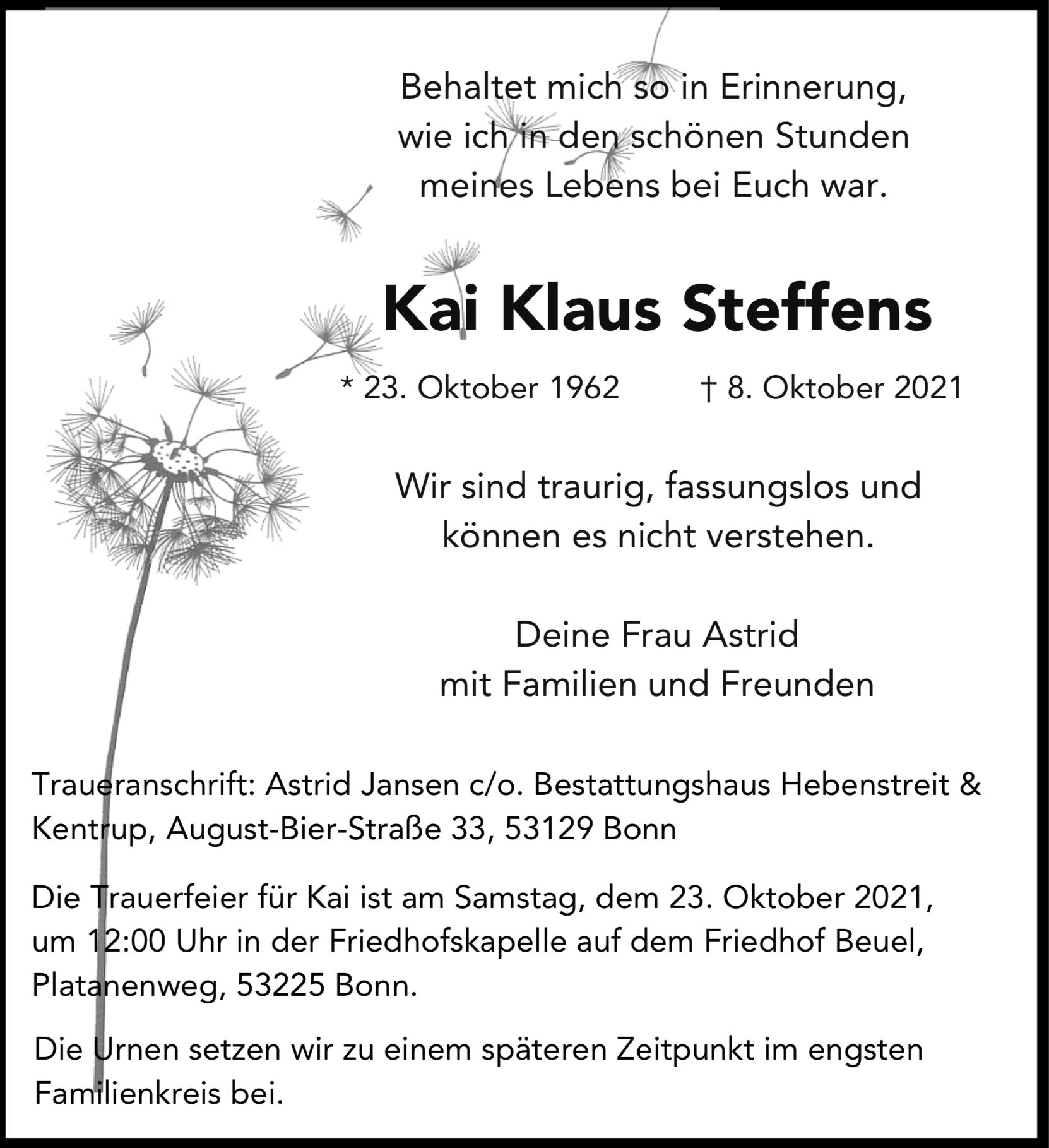 Traueranzeige von Kai Klaus Steffens