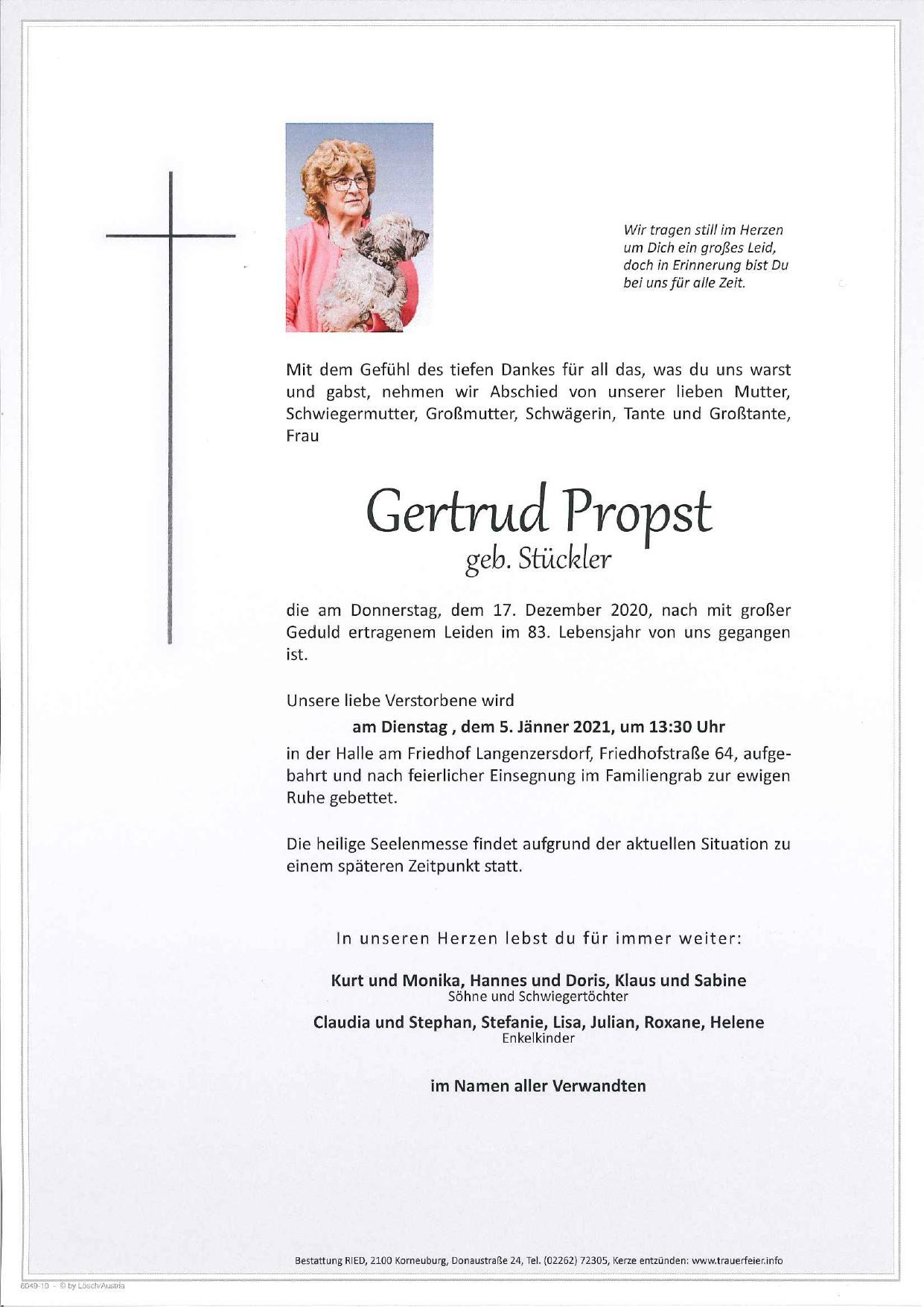 Traueranzeige von Gertrud Propst