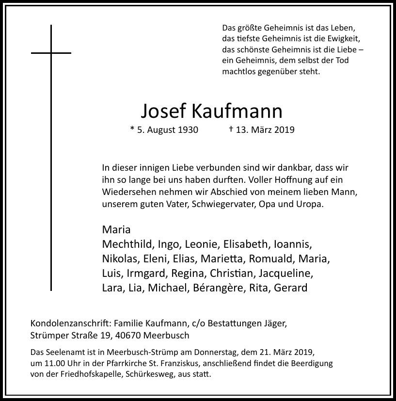 Traueranzeige von Josef Kaufmann