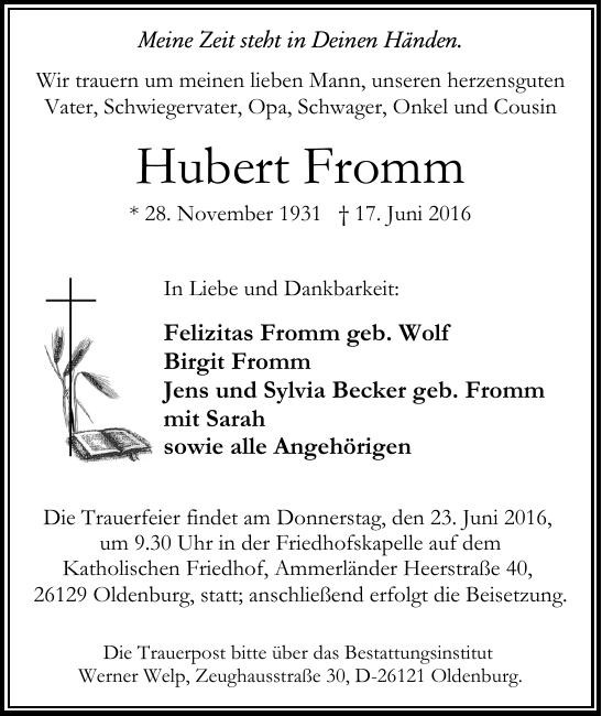 Traueranzeige von Hubert Fromm
