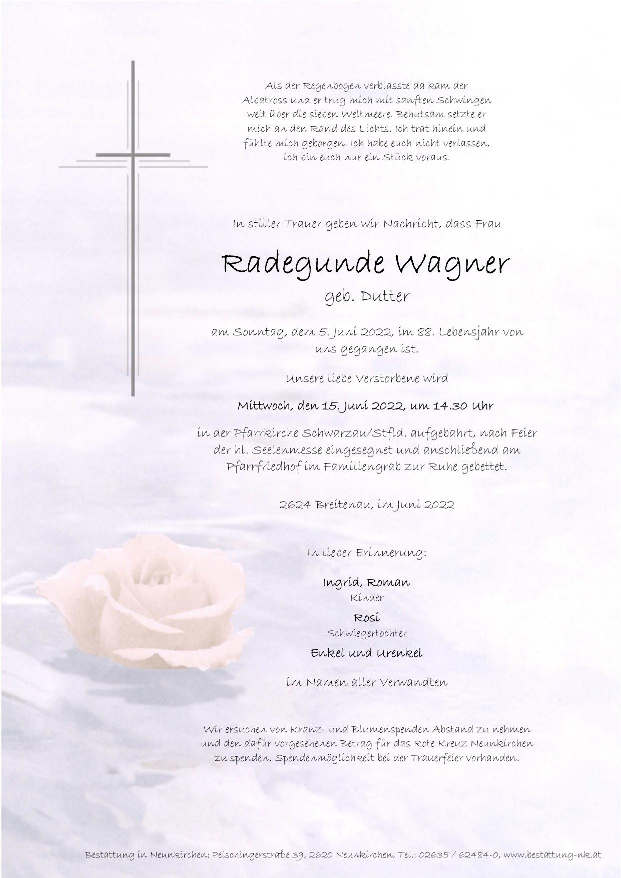 Traueranzeige von Radegunde Wagner