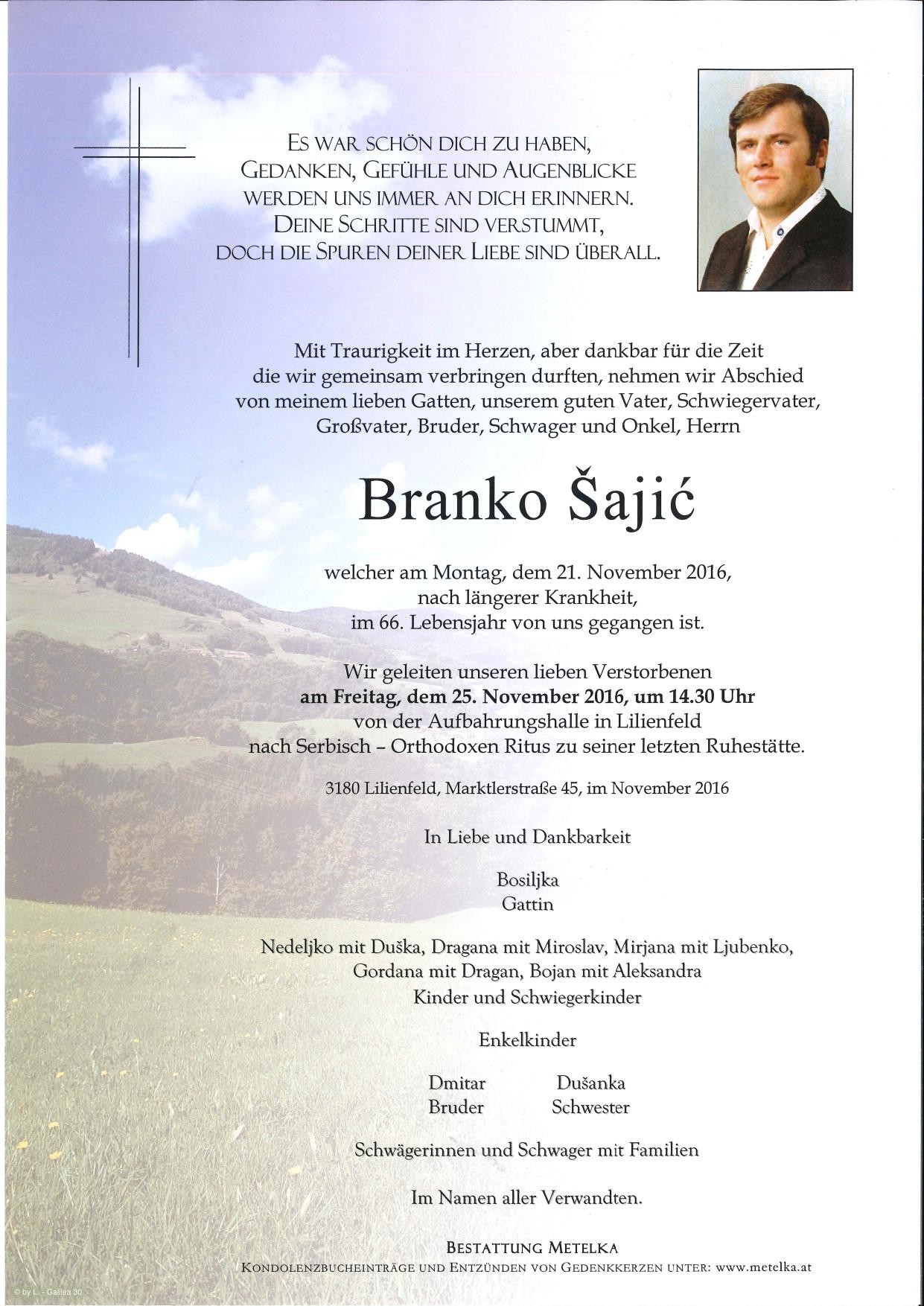 Traueranzeige von Branco Sajic