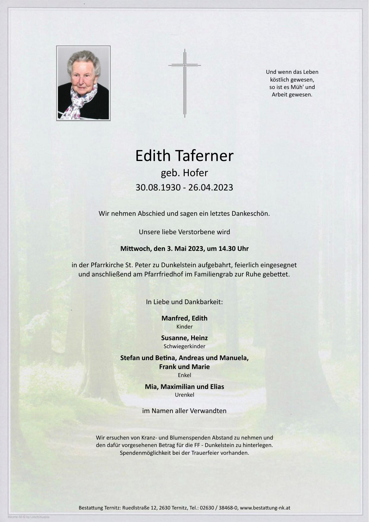 Traueranzeige von Edith Taferner