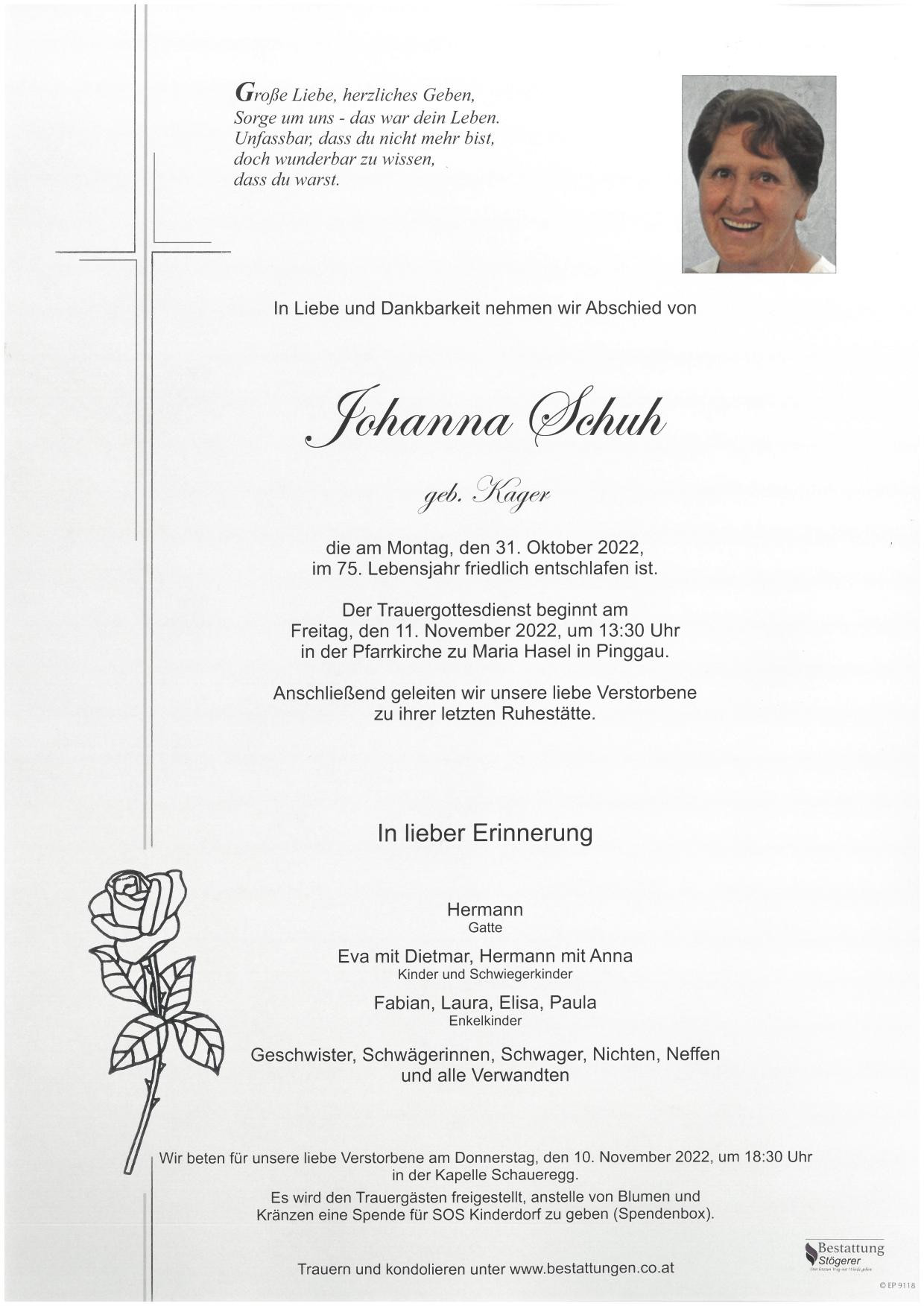 Traueranzeige von Johanna Schuh